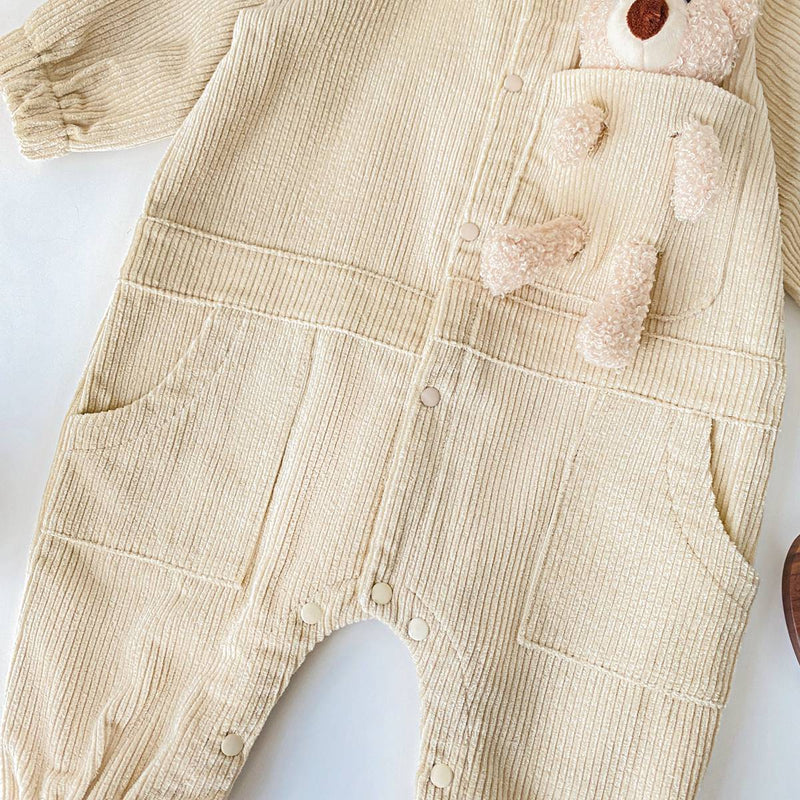 Baby 3D Cartoon Bear Patched Design Corduroy Fabric Button Front Romper