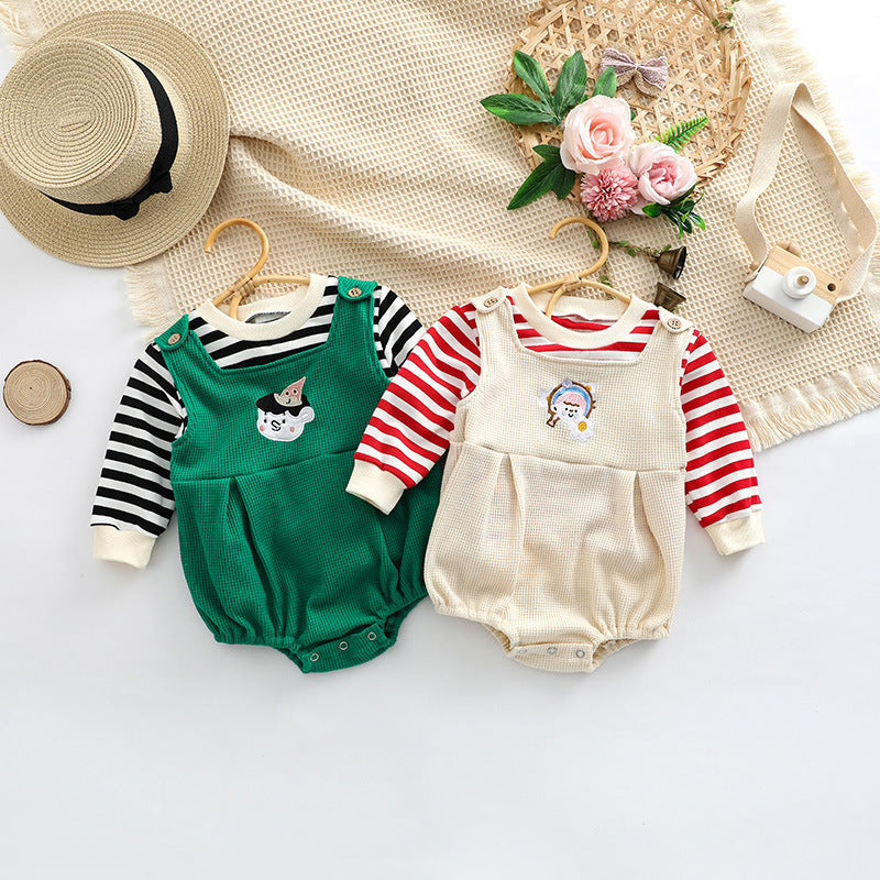 Baby Striped Pattern Shirt Combo Cartoon Graphic Corduroy Fabric Strap Onesies Sets