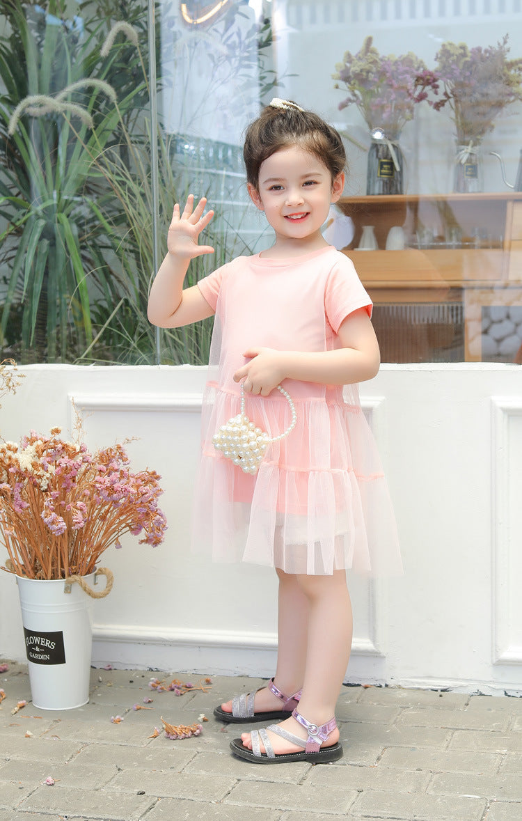 Girl Solid Mesh Pattern Short Sleeve Round Collar Dress In Summer