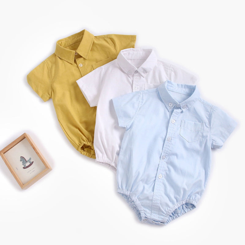 Baby Boy Solid Color Buttoned Shirt With Pockets Short Sleeve Onesies Online In Summer