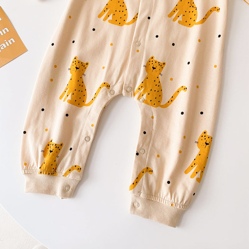 Baby Boy Cartoon Animals Graphic Snap Button Front Design Long Sleeved Romper Jumpsuit