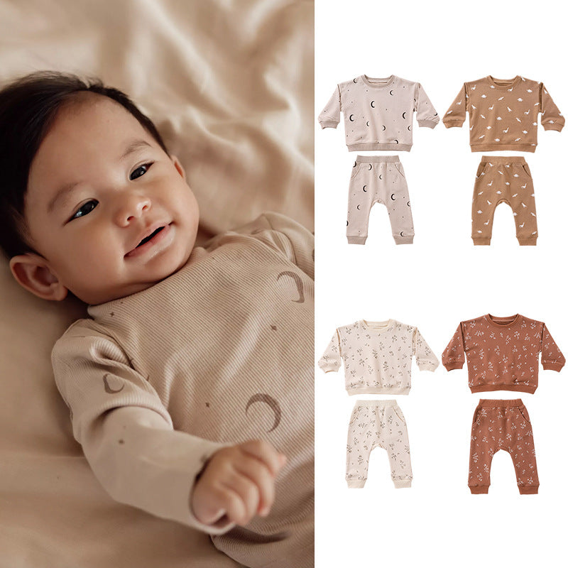 Baby Western Print Pattern Long Sleeve Casual Hoodie Sets Home Clothes