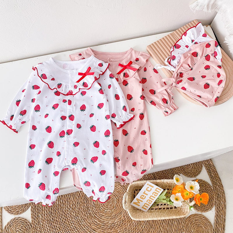 Baby Girl Allover Strawberries Pattern Ruffle Design Button Front Romper