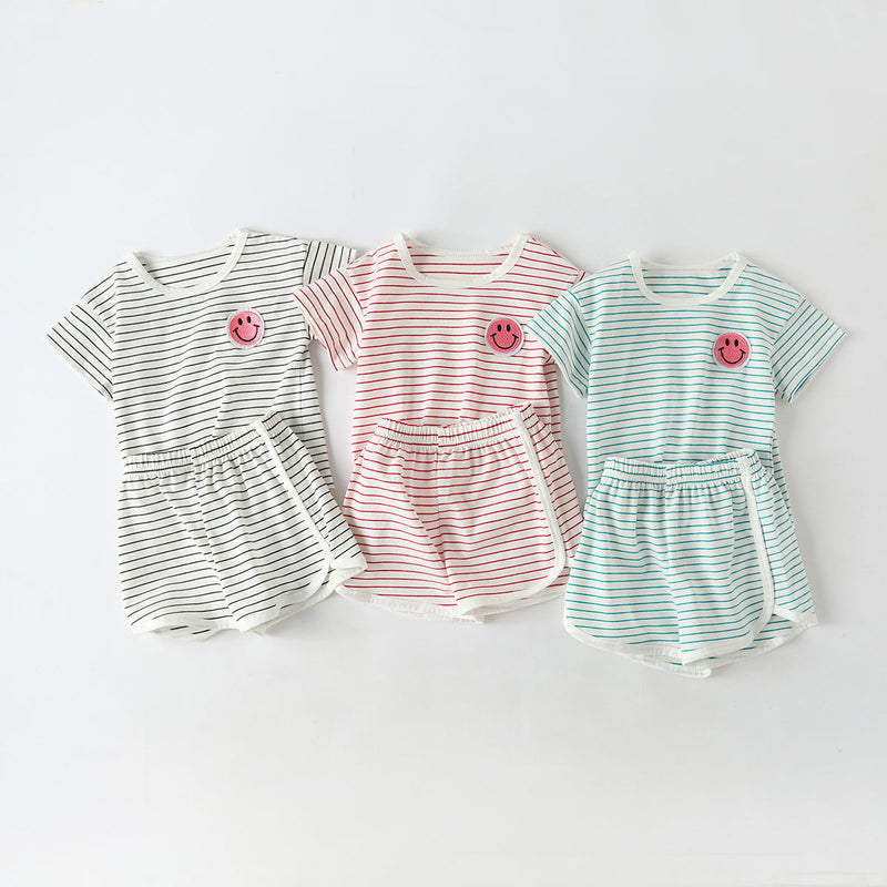 Baby Smiley Patched Pattern Striped Graphic Tee Combo Shorts Sets