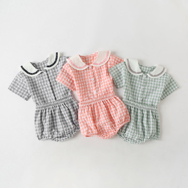 Baby Girl 1pcs Plaid Pattern Contrast Tape Lapel Design Combo Shorts Sets