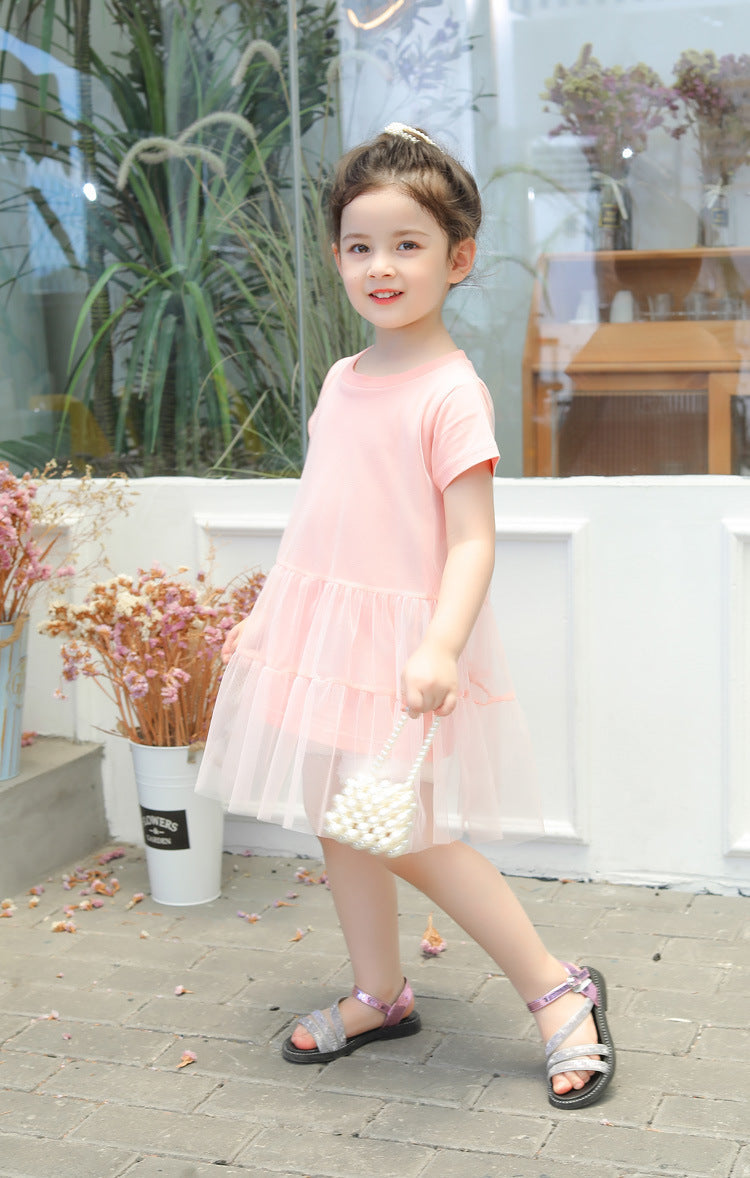 Girl Solid Mesh Pattern Short Sleeve Round Collar Dress In Summer