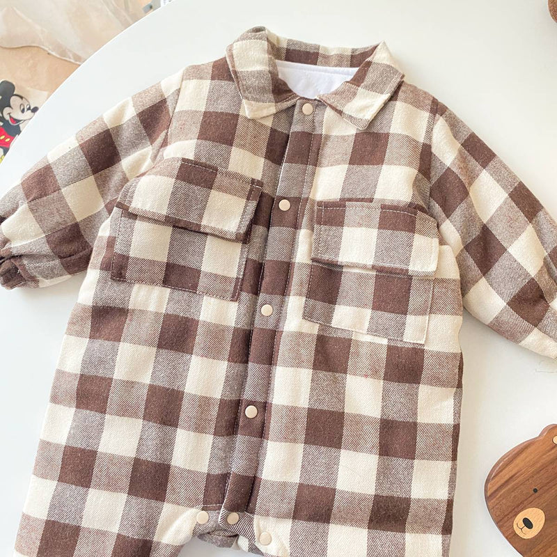 Baby Boy Plaid Pattern Snap Button Front Long-sleeved Thick Rompers