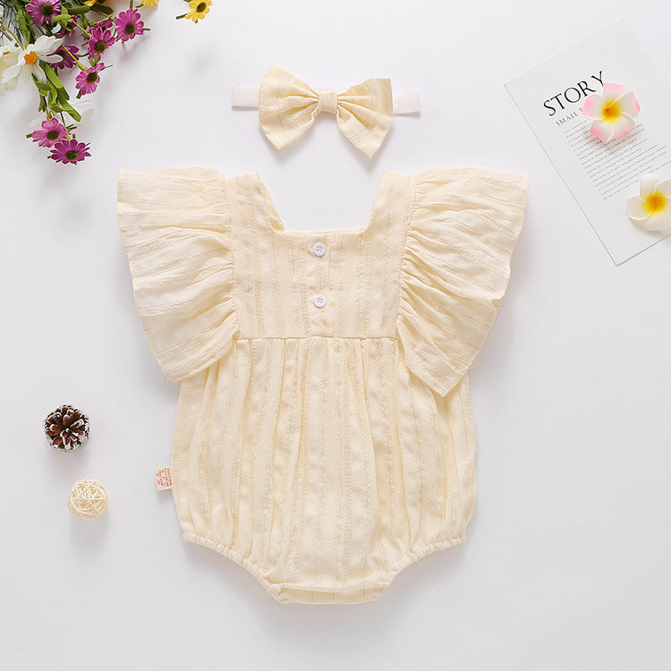 Baby Girl Solid Color Square Collar Design Short-Sleeved Onesies With Headband In Summer Outside Wearing