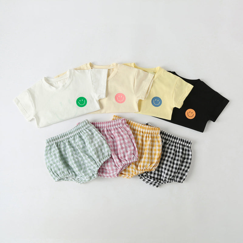 Baby Smiley Print Pattern Solid Tee Combo Plaid Pattern Triangle Shorts Sets