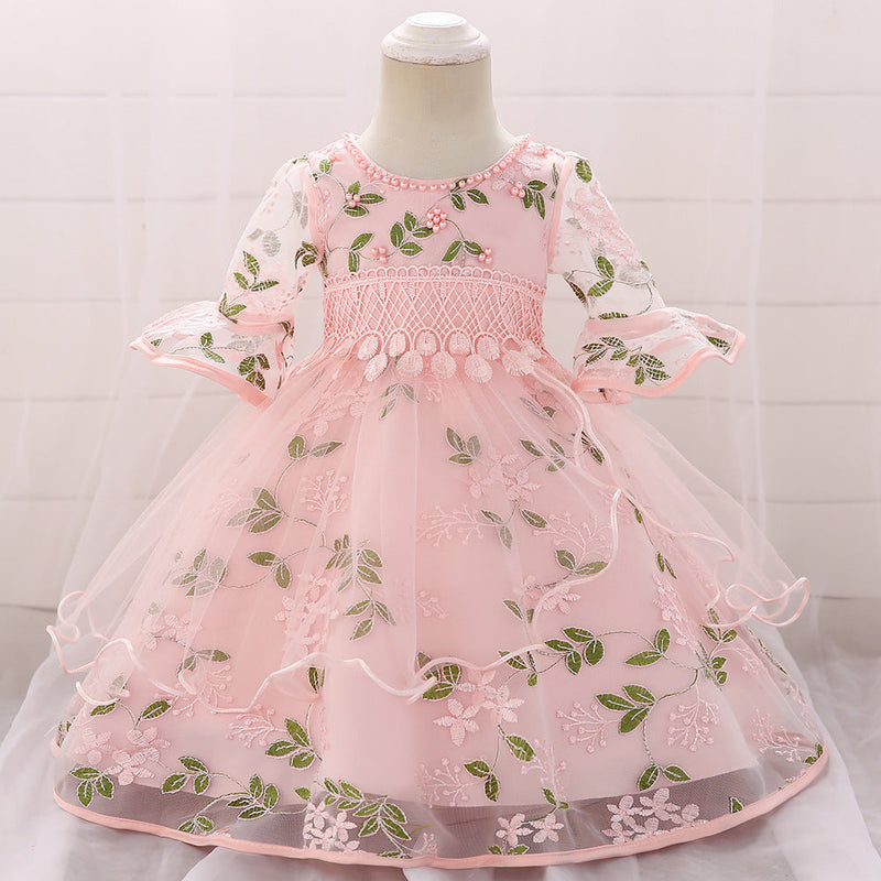 Baby Girl Embroidered Pattern Medium Sleeves One Year Old Tutu Formal Dress