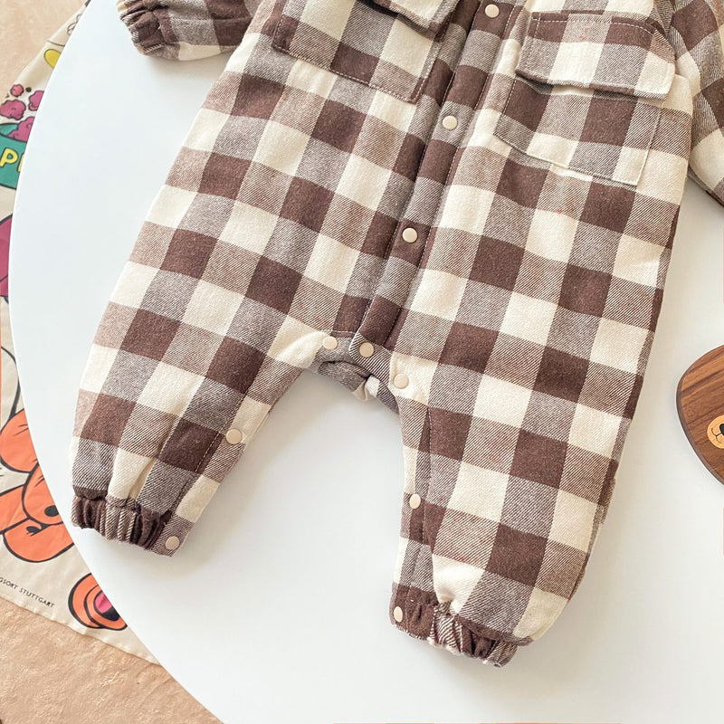 Baby Boy Plaid Pattern Snap Button Front Long-sleeved Thick Rompers