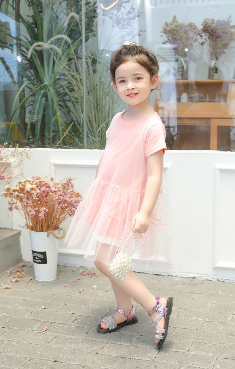 Girl Solid Mesh Pattern Short Sleeve Round Collar Dress In Summer