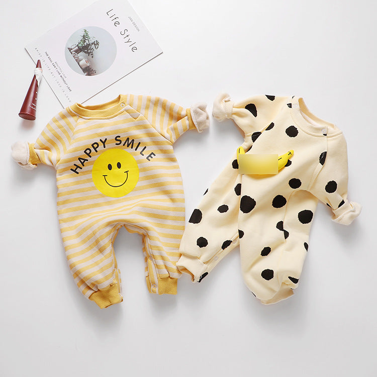 Baby 1pcs Striped & Dot Pattern Long Sleeved Romper Jumpsuit