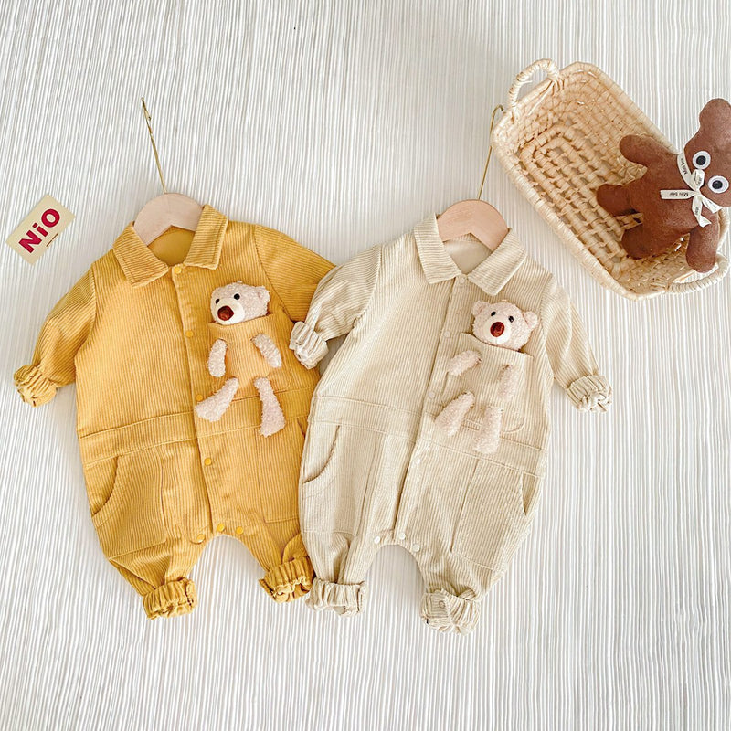 Baby 3D Cartoon Bear Patched Design Corduroy Fabric Button Front Romper