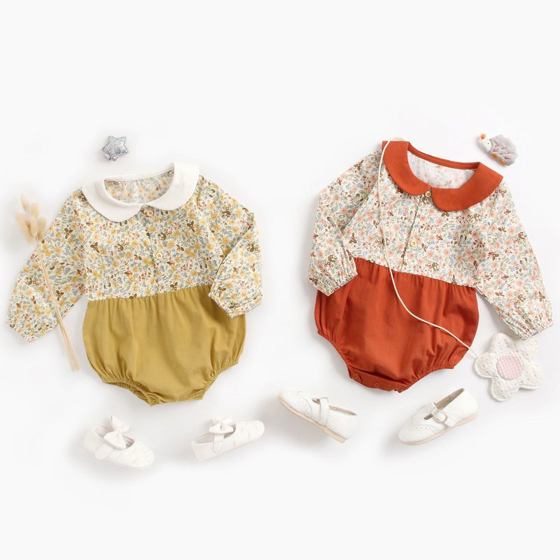 Baby Girl Floral Print Pattern Color Blocking Design Long Sleeve Round Neck Onesies