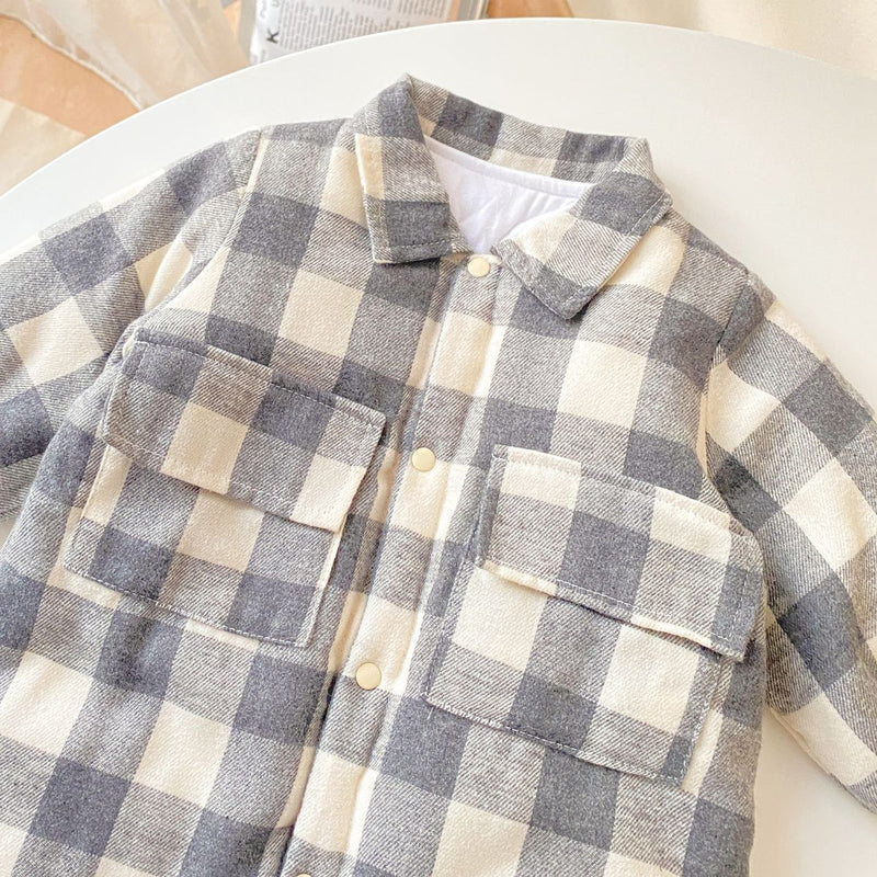 Baby Boy Plaid Pattern Snap Button Front Long-sleeved Thick Rompers