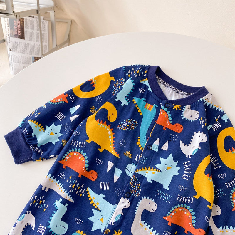 Baby Boy Cartoon Animals Graphic Snap Button Front Design Long Sleeved Romper Jumpsuit