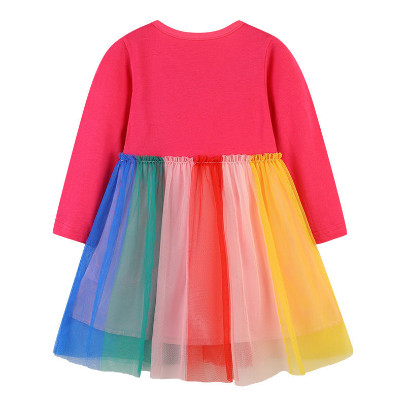 Baby Colorful Rainbow Pattern Mesh Overlay Design Pullover Dress