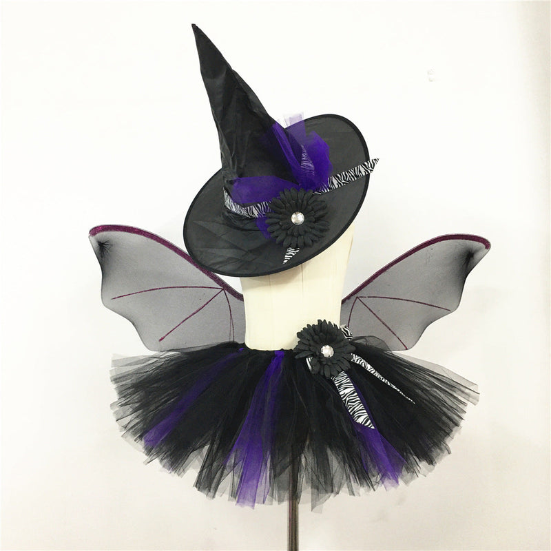 Children’s Halloween Witch Cosplay Hat Skirt Wings 1-Piece Sets