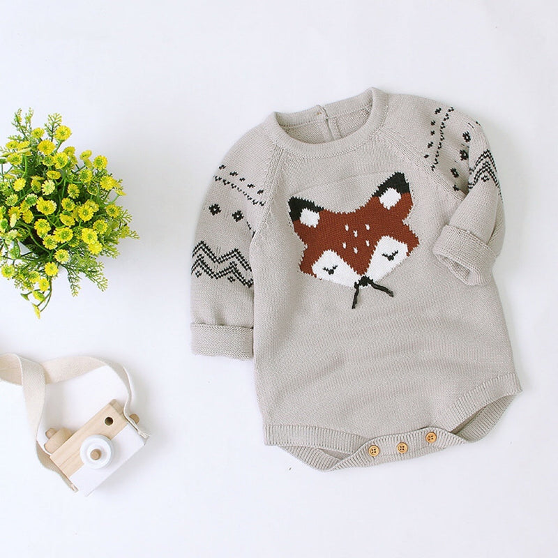 Baby Cartoon Fox Graphic Long Sleeves Triangle Knitted Romper Jumpsuit In Autumn