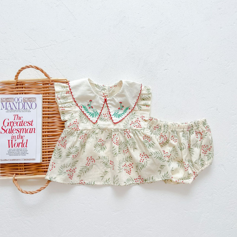 Baby Girl Floral Print Pattern Embroidered Lapel Sleeveless Tops Combo Shorts Two-Piece Sets