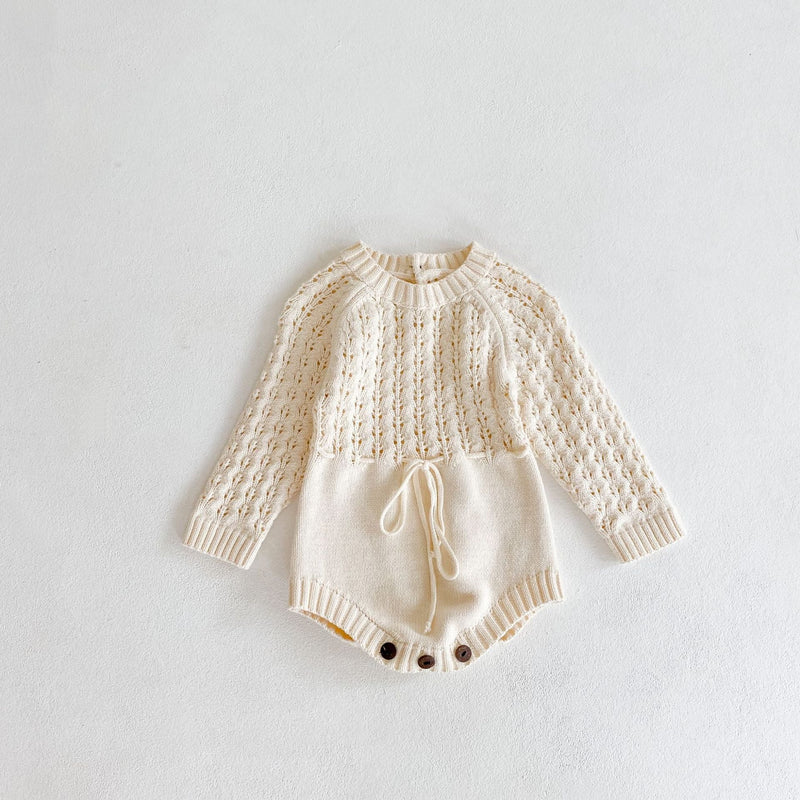 Baby Girl 1pcs Hollow Carved Hand Knitted Fabric Belted Waist Long Sleeve Crotch Onesies