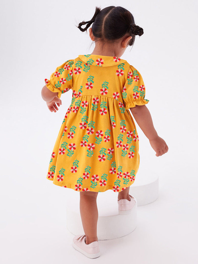 Baby Kids Girls Peter Pan Collar Floral Design Short Sleeves Dress