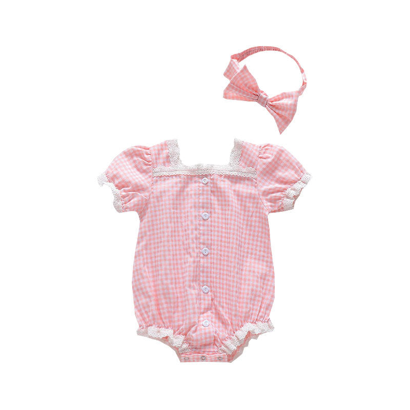 Baby Girl Plaid Pattern Lace Patchwork Design Bubble Short-Sleeved Onesies With Buttons