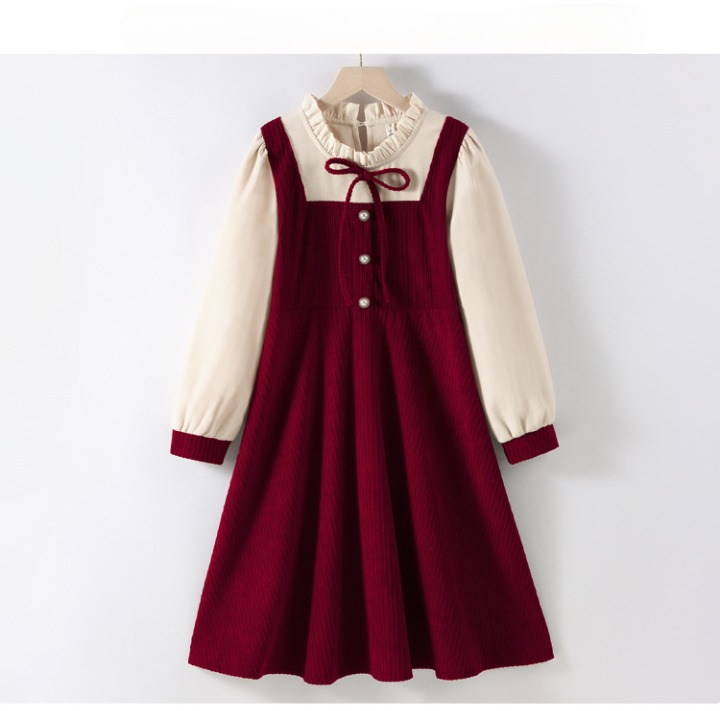 Preppy Corduroy Long Sleeves Ruffle Crew Neck Thick Dress