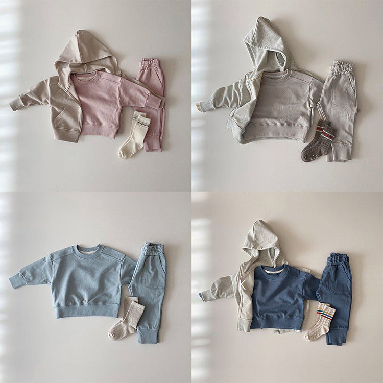 Baby Boy And Girl Solid Color Pullover Hoodies Combo Pants Pieces Sets