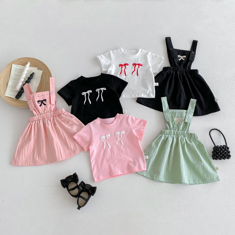 New Arrival Summer Baby Kids Girls Bow Embroidery Pattern Simple Overalls Design Dress And T-Shirt – Sister Matching Set