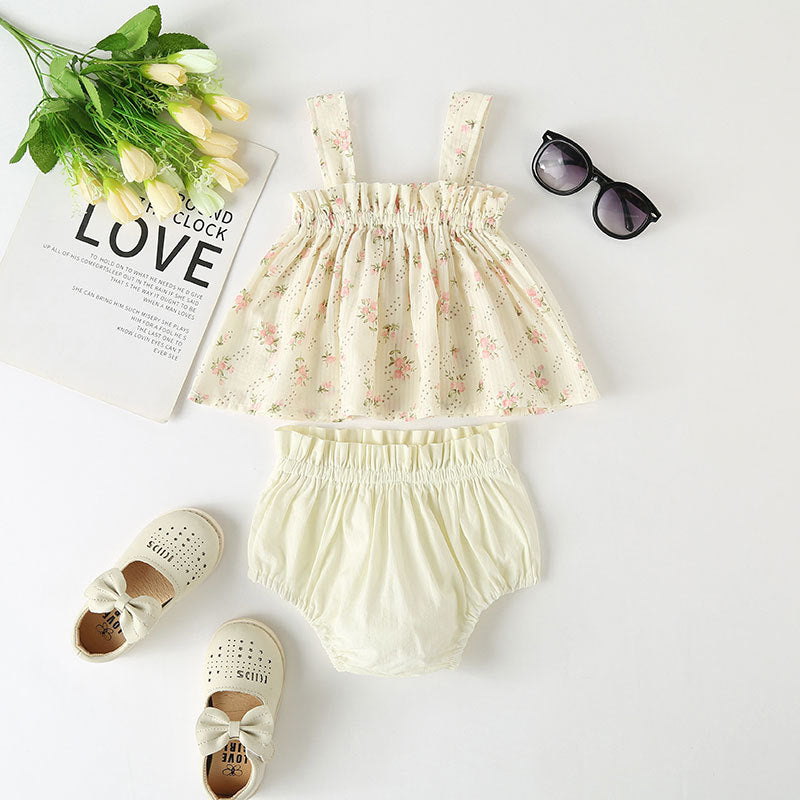 Baby Girl Floral Print Pattern Sleeveless Tops Combo Shorts Sets In Summer