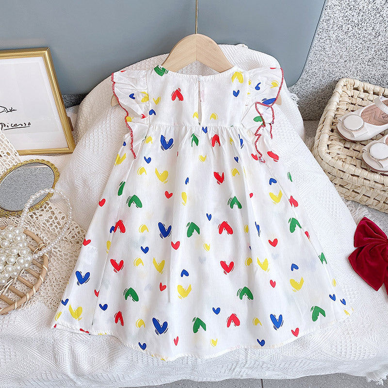 Baby Girl Heart Print Pattern Ruffle Design Sleeveless Dress