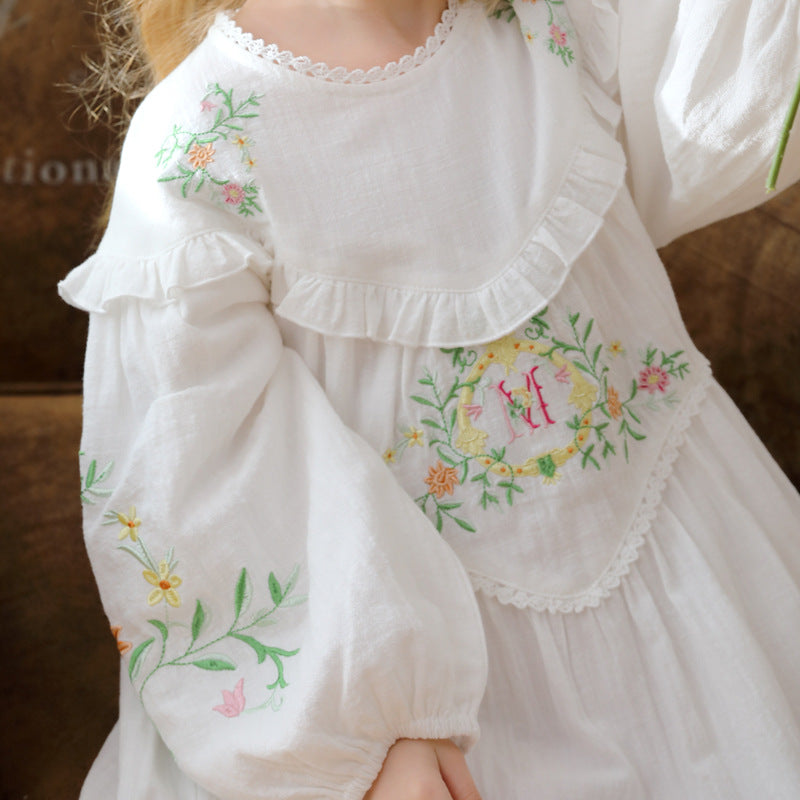 Design Autumn Girls Floral and Vines Pattern Ruffle Neck Long Puff Sleeves Dress