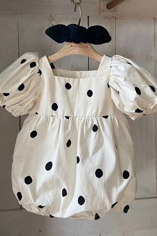 Baby Girl Polka Dot Pattern Square Collar Puff-Sleeved Onesies