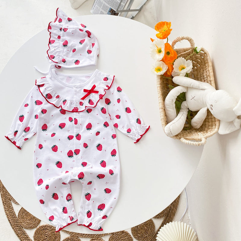 Baby Girl Allover Strawberries Pattern Ruffle Design Button Front Romper