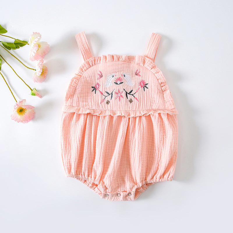 Baby Girl Floral Embroidered Pattern Lace Design Solid Color Sleeveless Onesies In Summer