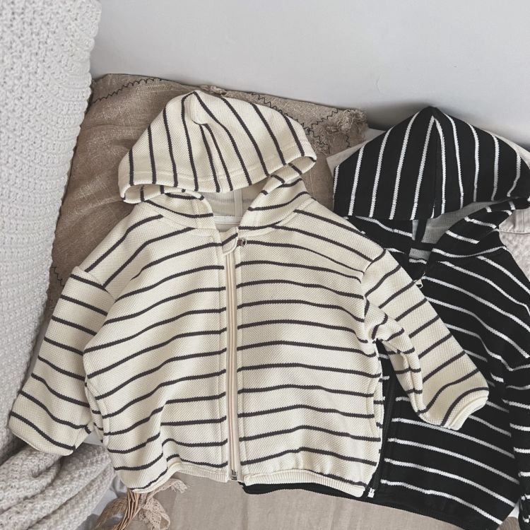 Baby Striped Pattern Single Breasted Design Long Sleeve Coat With Hat