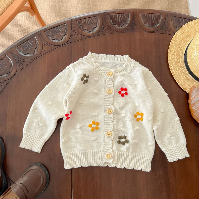 Baby Girl Flower Embroidered Graphic Single Breasted Design Knit Cardigan