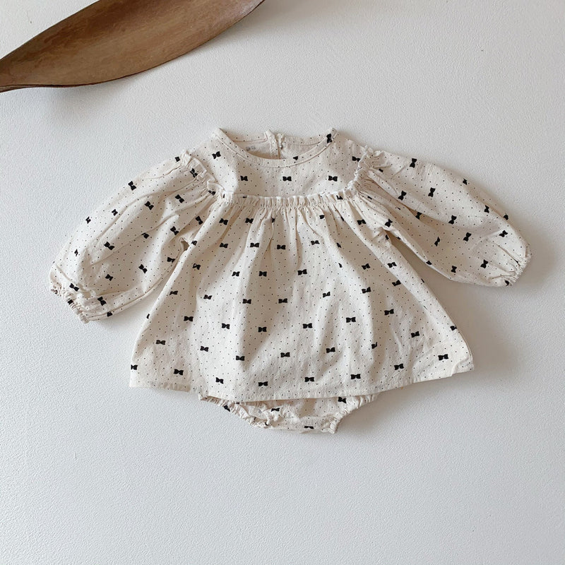 Baby Girl Bow & Polka Dot Graphic A-Line Long Sleeves Shirt Combo Triangle Shorts 1 Pieces Sets