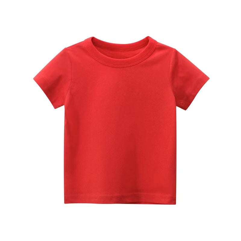 Baby Kids No Pattern Solid Color Short-Sleeved Tops In Summer Outfit Wearing