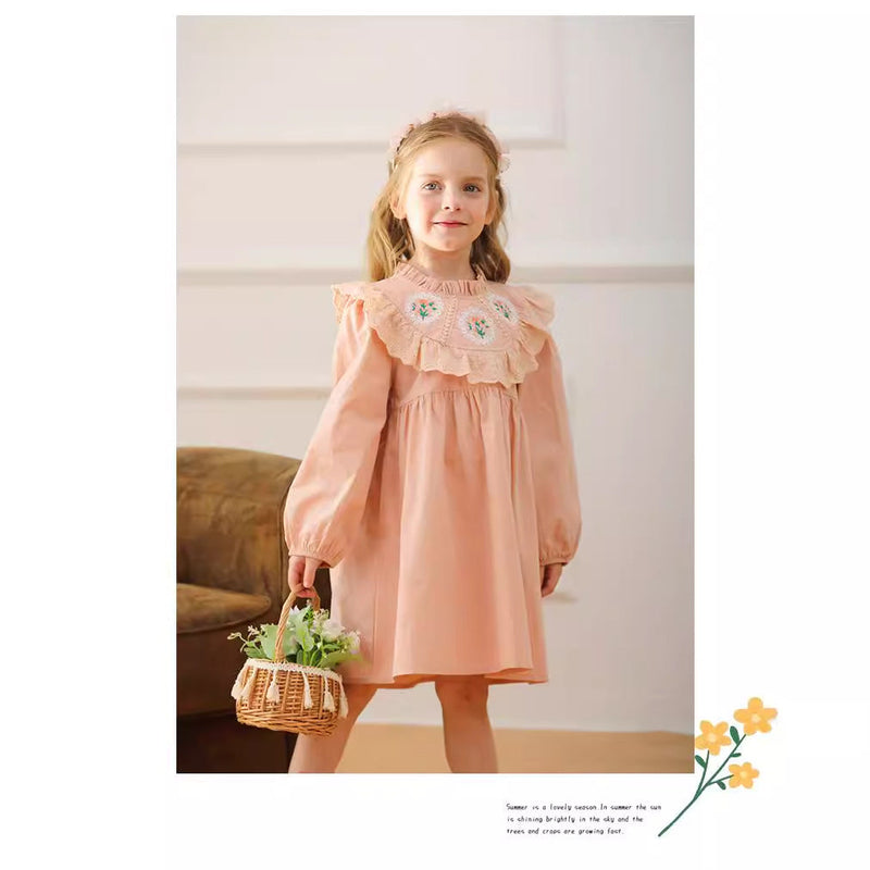 Design Autumn Girls Flower Embroidery Ruffle Neck Long Sleeves French Style Dress