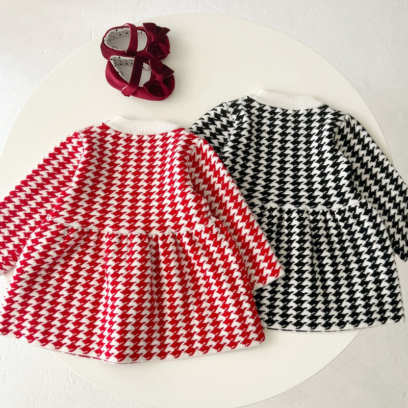 Baby Girl Hounds tooth Pattern Loose Long Sleeve Thickened Dress