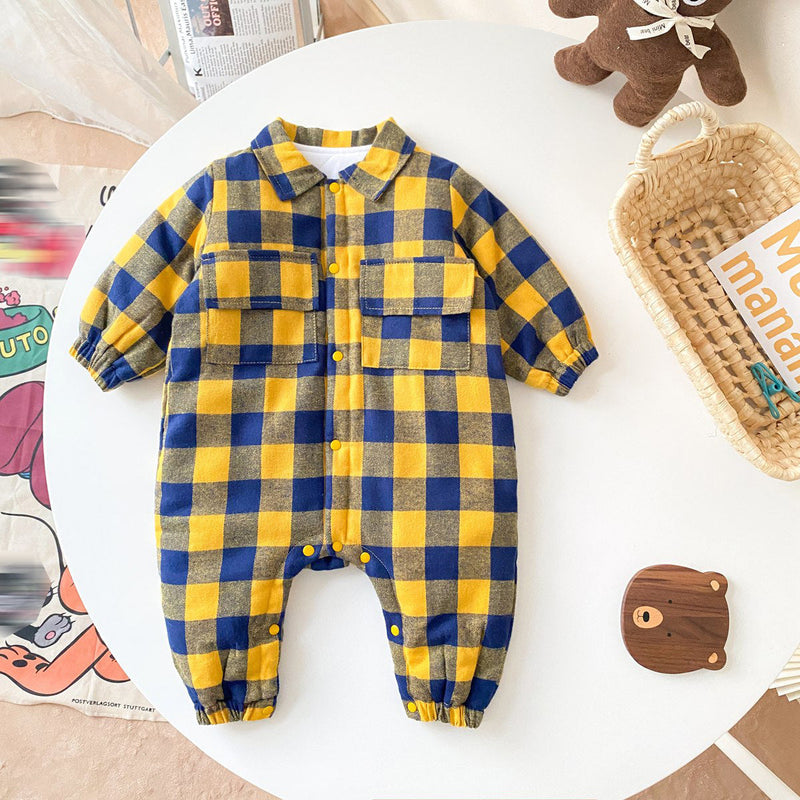 Baby Boy Plaid Pattern Snap Button Front Long-sleeved Thick Rompers