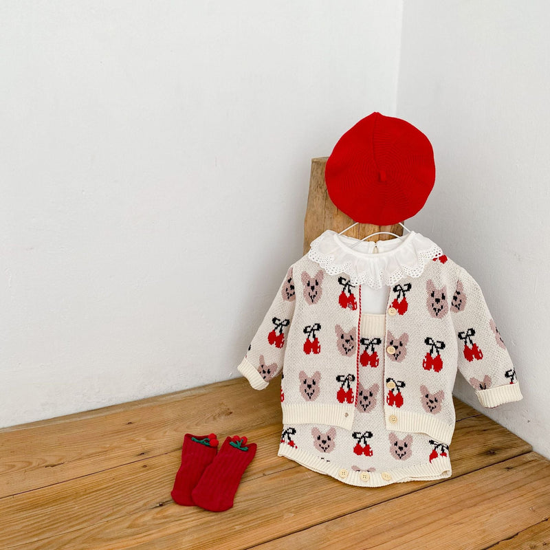 Baby Girl 1pcs Allover Cartoon Bear & Cherry Embroidered Graphic Bodysuit & Cardigan Knitted Sets