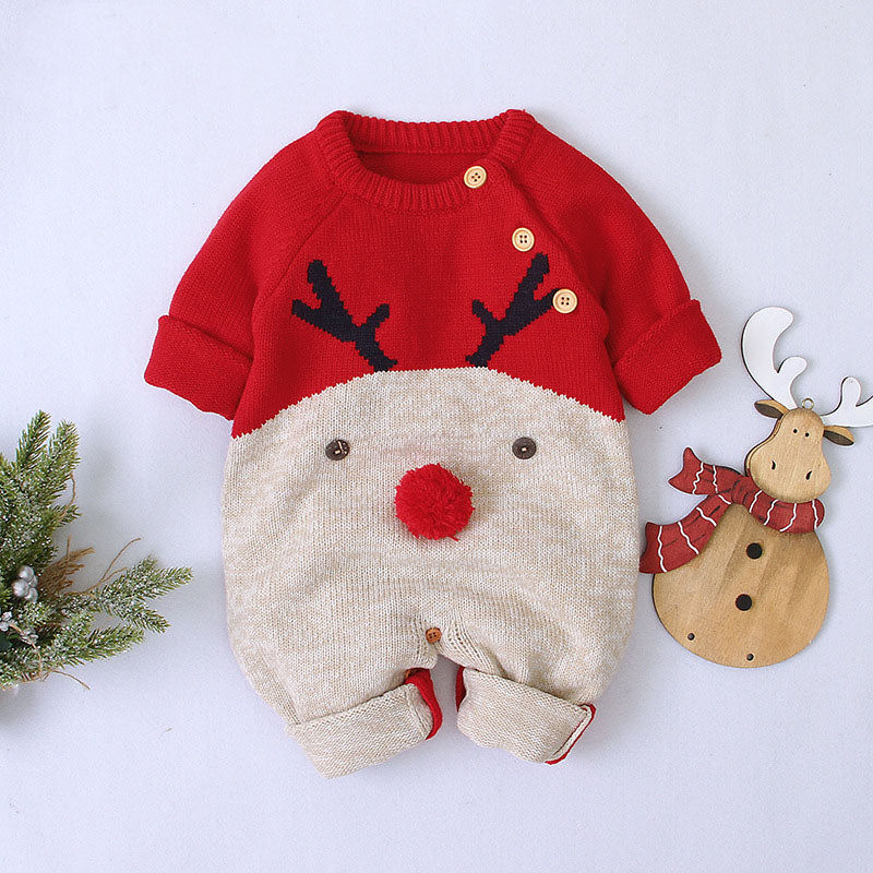 Baby Cartton Pattern Contrast Design Side Button Christmas Knitted Romper