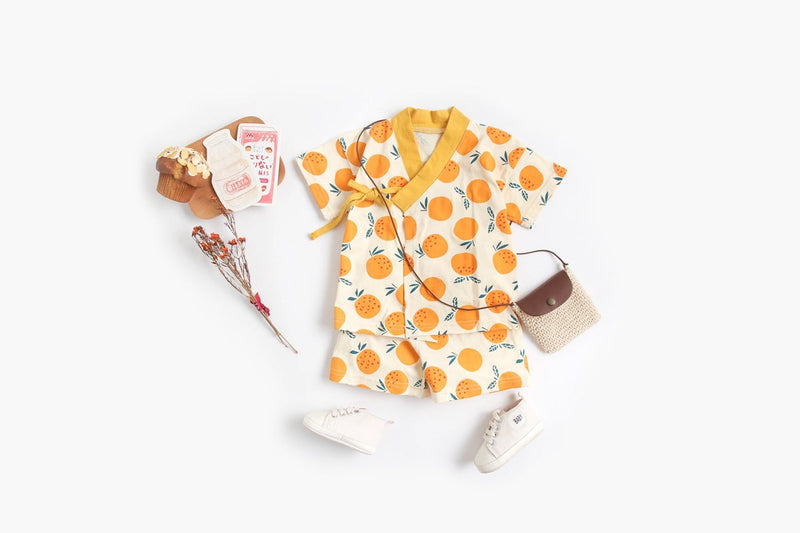 Baby Fruit Print Belt Design Short-Sleeved Top Combo Shorts Japan Style Sets Pajamas