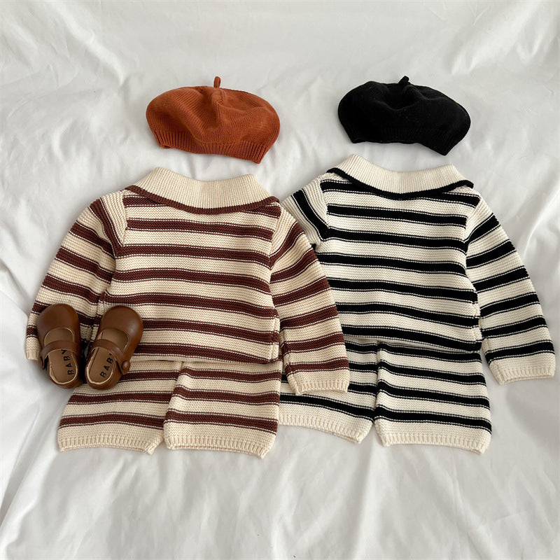 Baby Striped Pattern Lapel Knitted Cardigan With Pants Sets