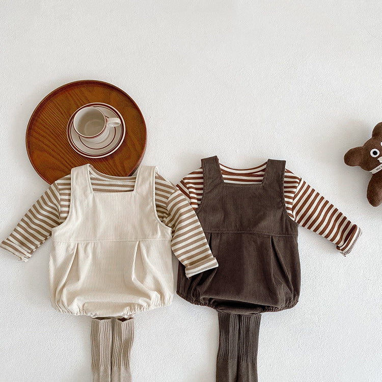 Baby Striped Shirt Combo Corduroy Fabric Cartoon Bear Embroidered Vest Bodysuit 2 Pieces Sets