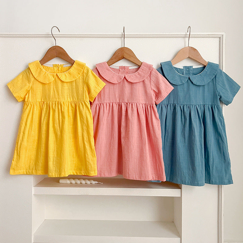 Summer Hot Selling Girls’ Solid Color Short Sleeves Peter Pan Collar Cotton Comfy Dress